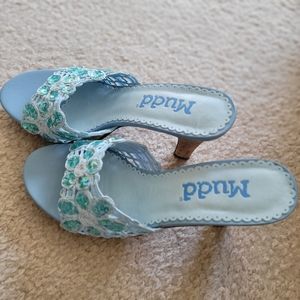 Mudd blooms blue smooth woven cork platform slider heel